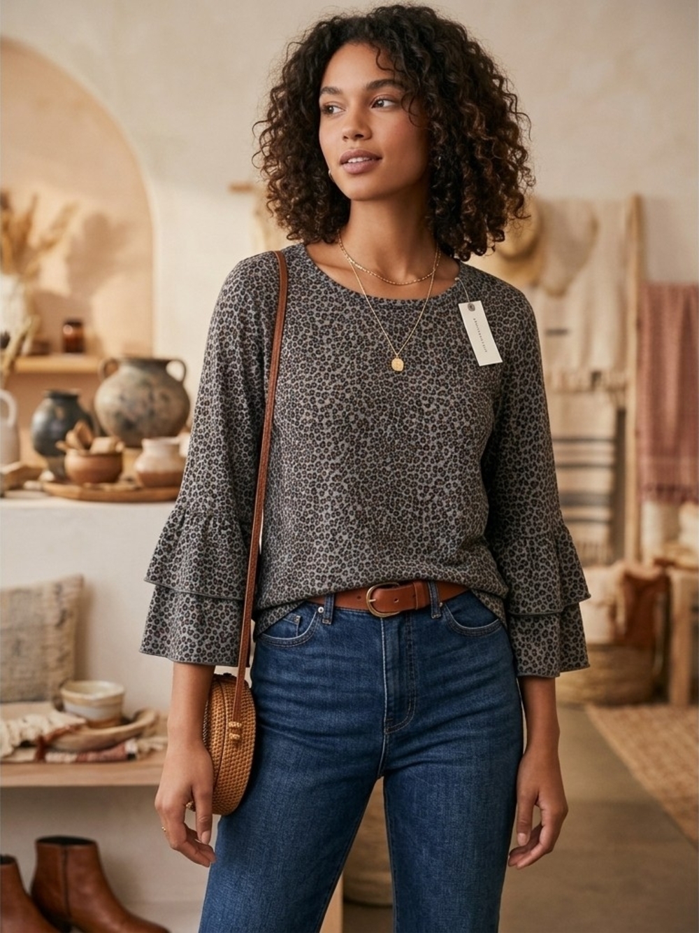 Anthropologie Taupe Leopard Ruffle-Sleeve Blouse